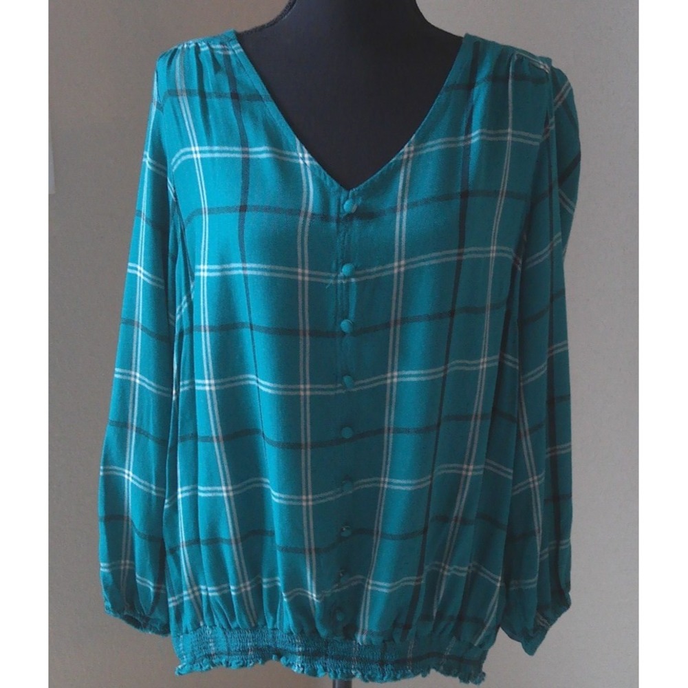 AVENUE WOMENS SIZE 18 TEAL PLAID TOP WITH ELASTIC WAISTBAND